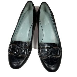Cole Haan Black Crocodile Embellished Leather Flats with Buckle, 7.5 b